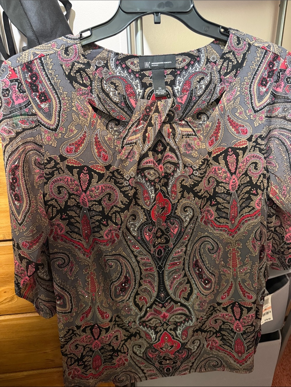 INC International Concepts Paisley Tie-Neck Blouse in Black, Pink and Gray